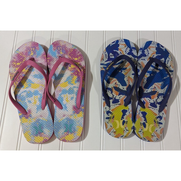 Hurley Women's Flip Flops - Pink Multi Tie Dye 2 Pair Pink Purple Water Color - Picture 1 of 6